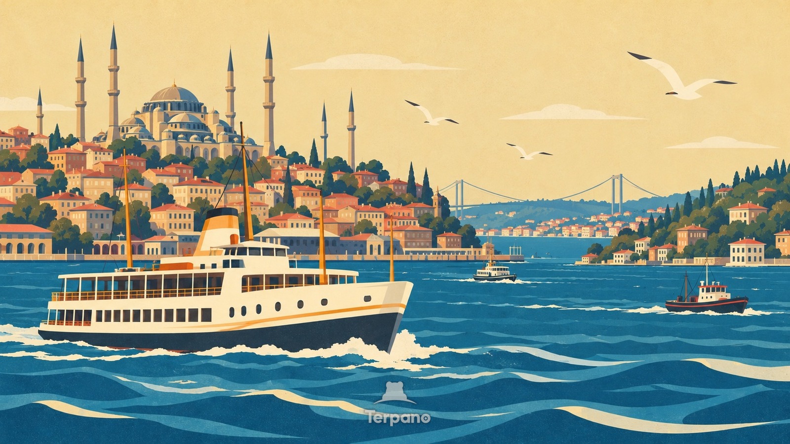 Coupoles et ferries sur le Bosphore — illustration originale de Bosphore, Istanbul, Türkiye