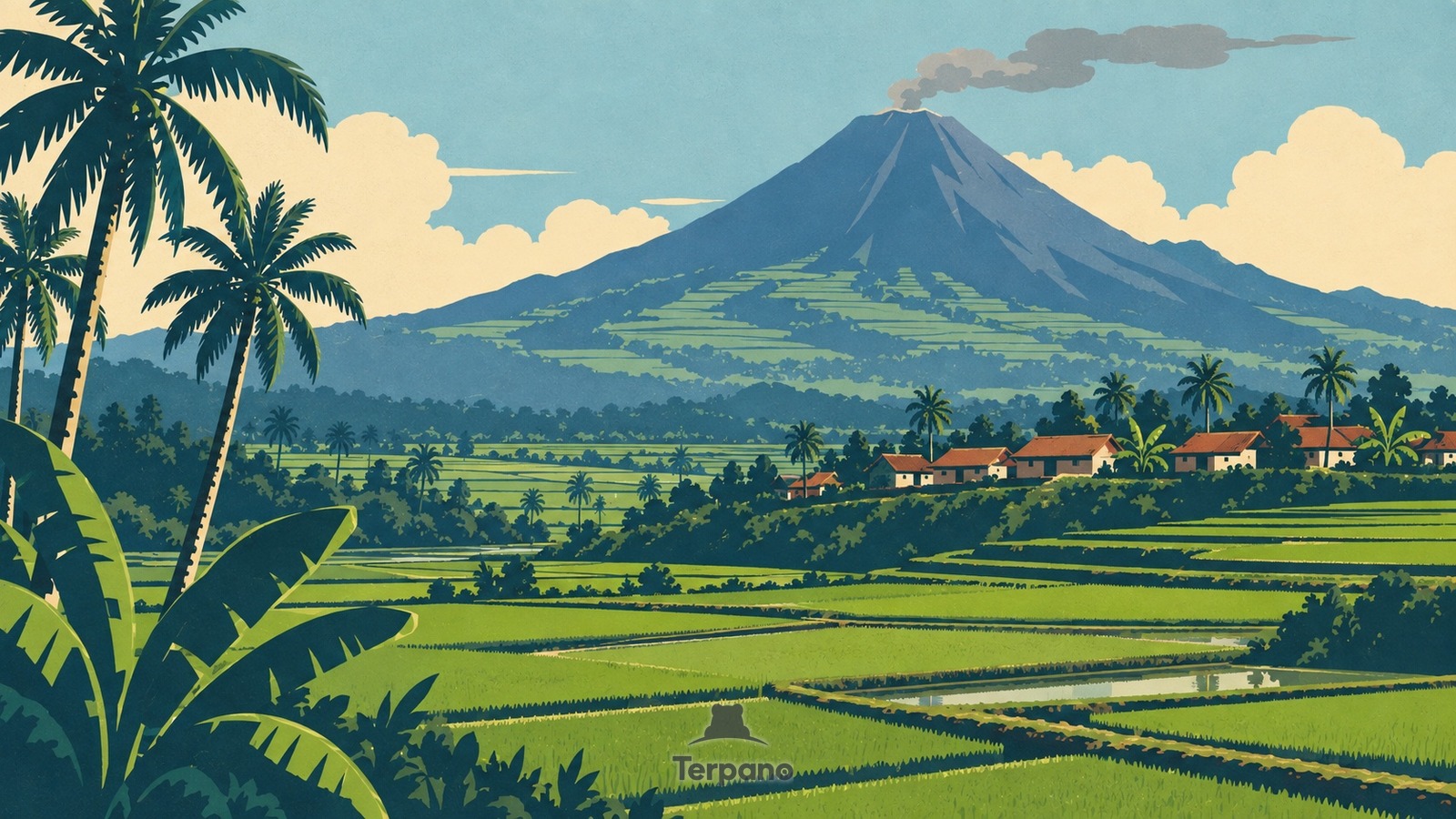 冒煙的爪哇火山下的梯田 —— 印度尼西亞中爪哇克都平原 的原創插畫