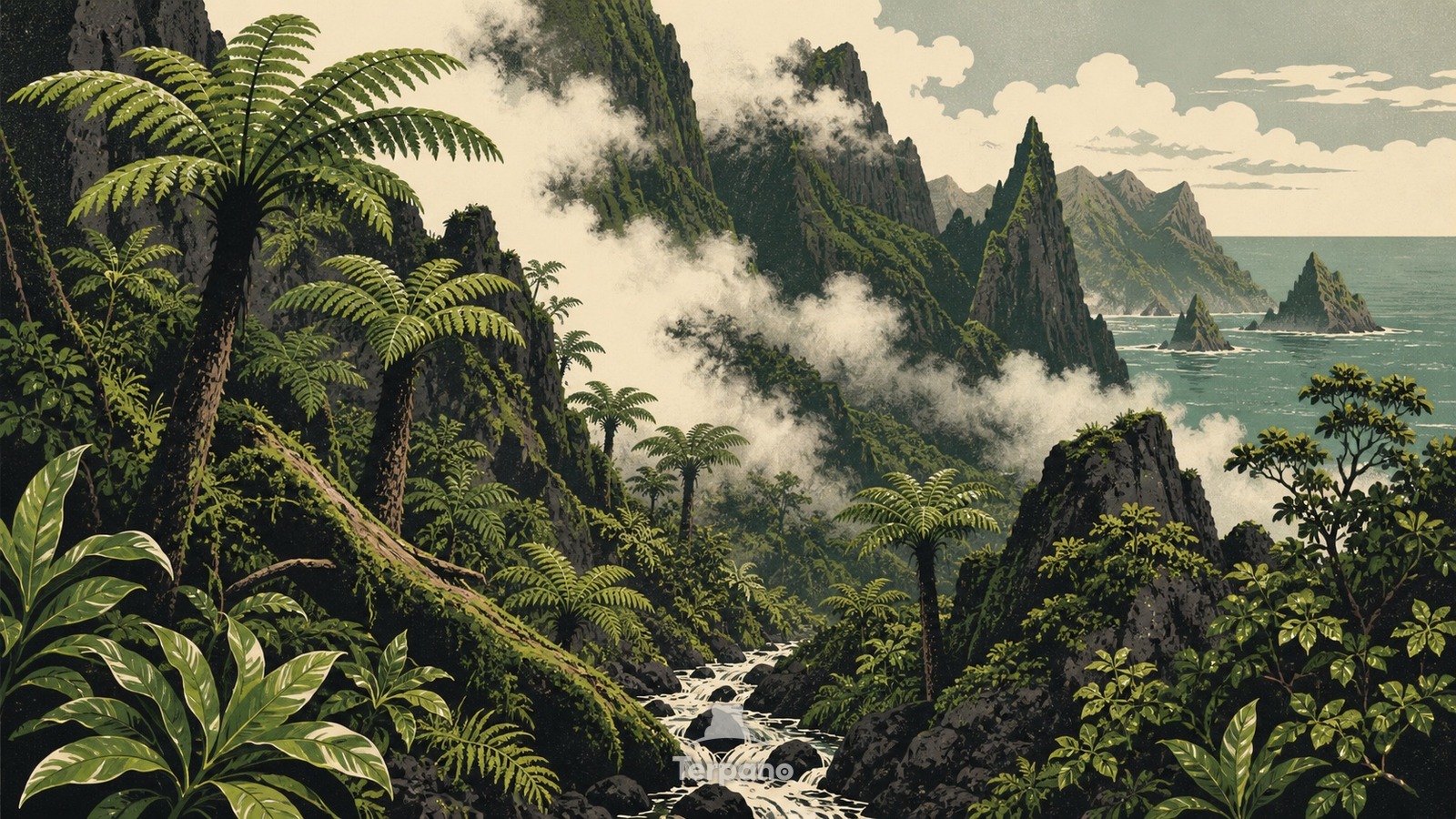 Forra insulare di felci arboree — illustrazione originale di Isola Robinson Crusoe, Juan Fernández, Cile