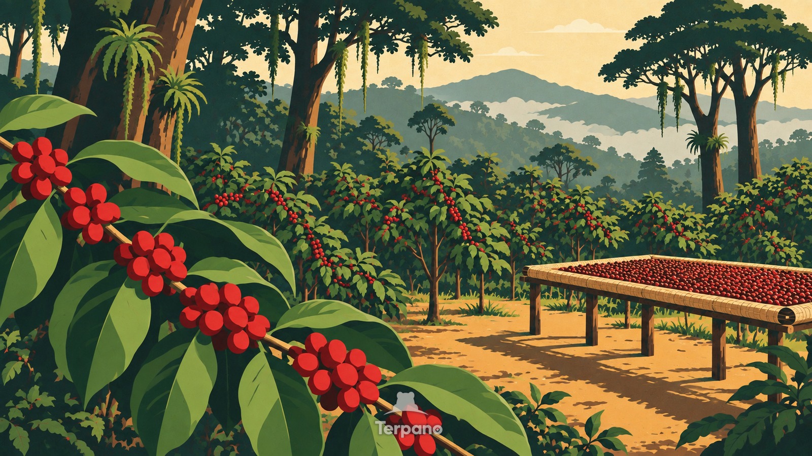 Café silvestre bajo el bosque de altura — ilustración original de Tierras altas de Kaffa, Etiopía