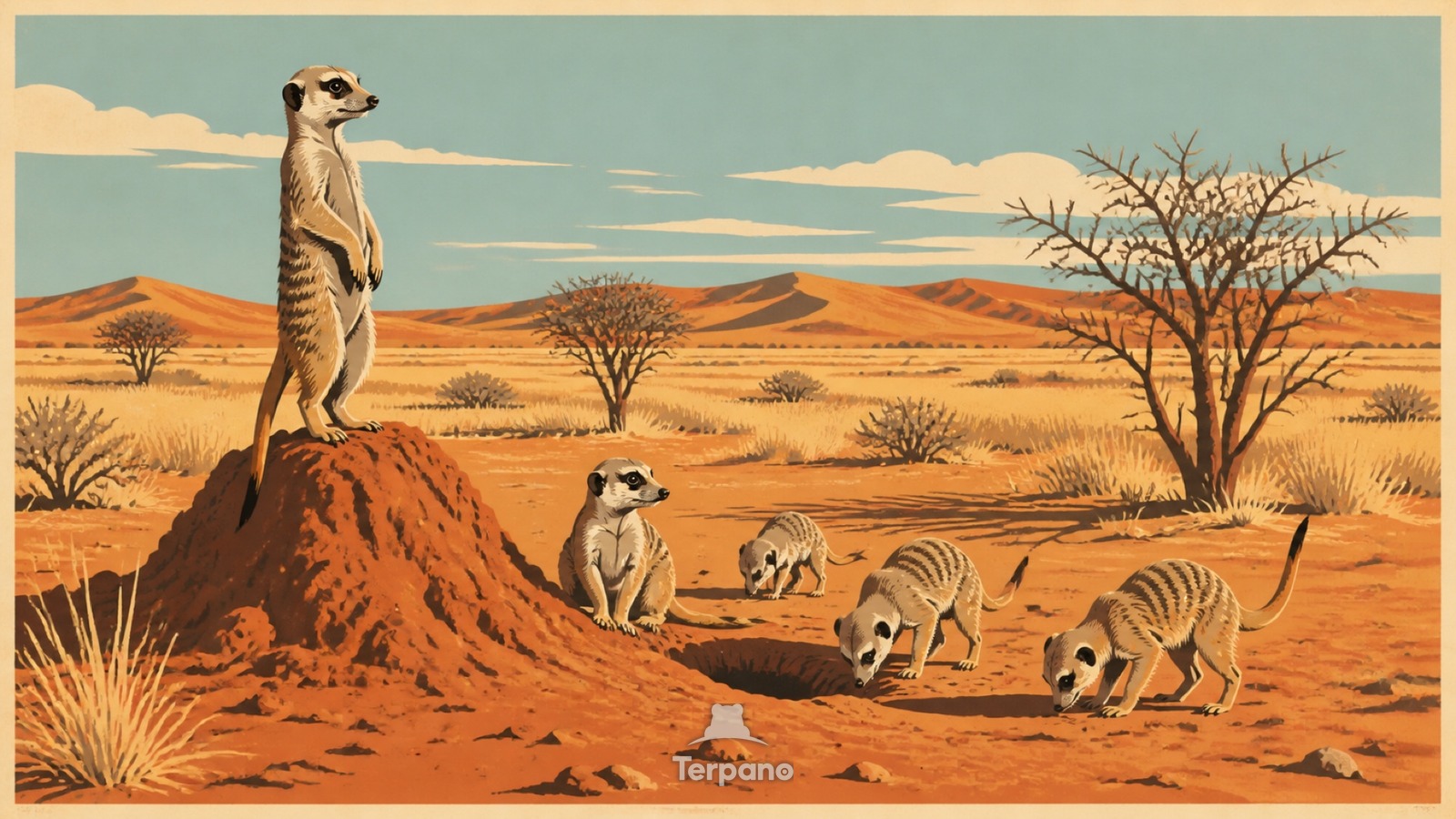 Meerkats at a Desert Burrow — original illustration of Central Kalahari, Botswana