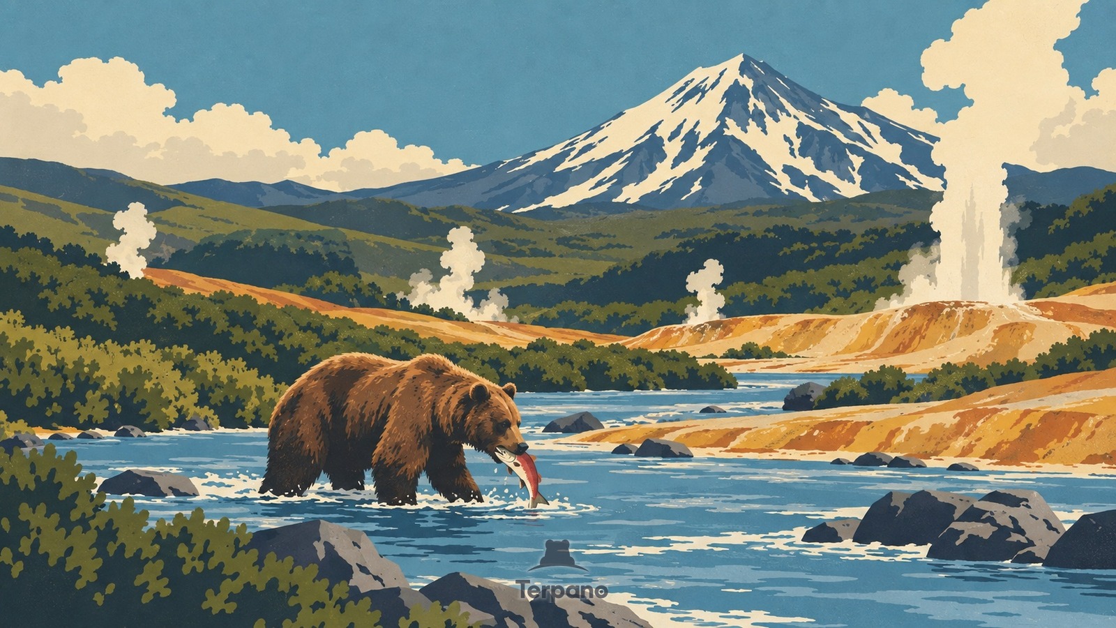 Bears and Geysers beneath a Snowy Volcano — original illustration of Valley of Geysers, Kamchatka, Russia