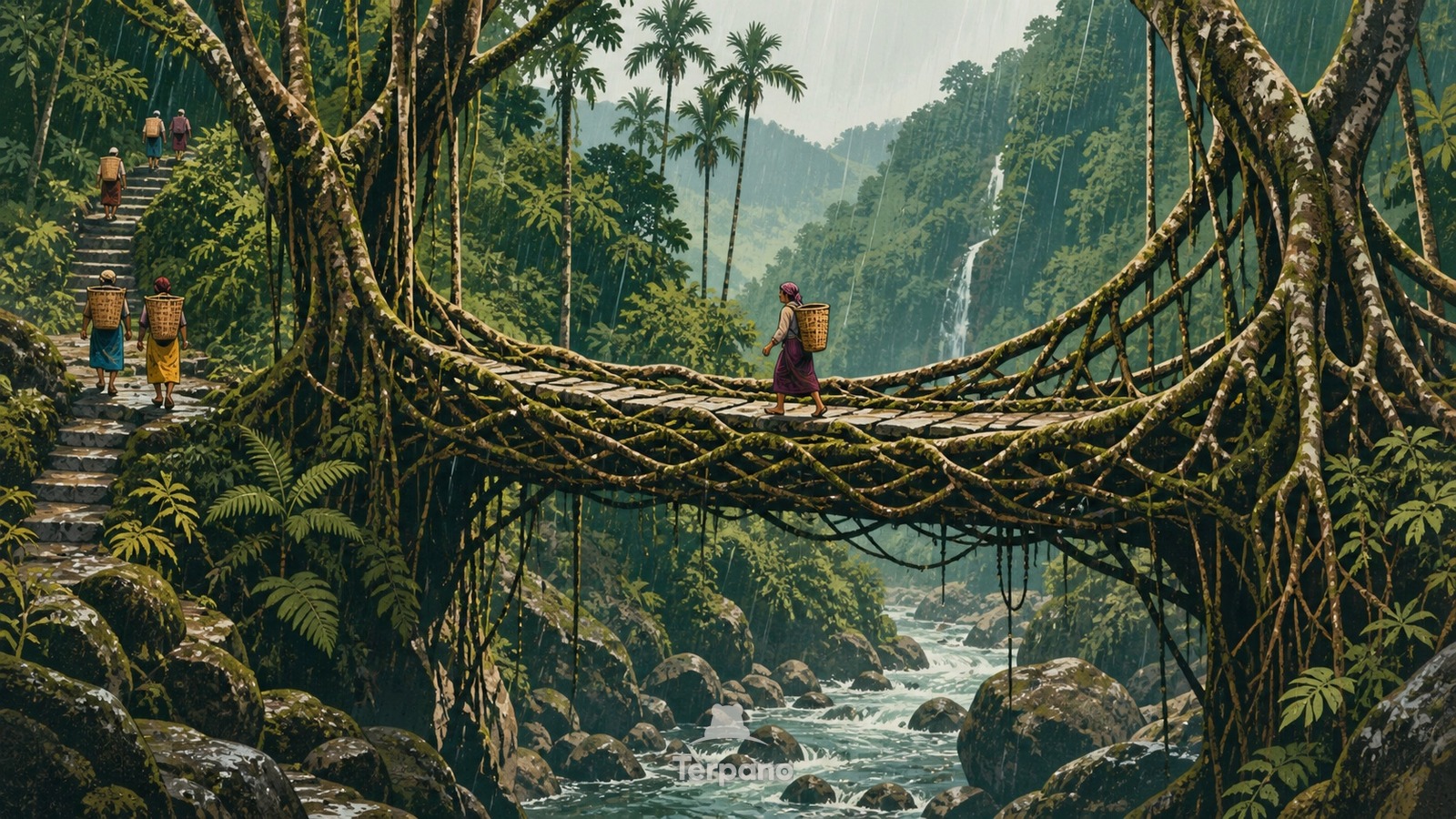 Ponte di radici vive nella foresta monsonica — illustrazione originale di Nongriat, Meghalaya, India