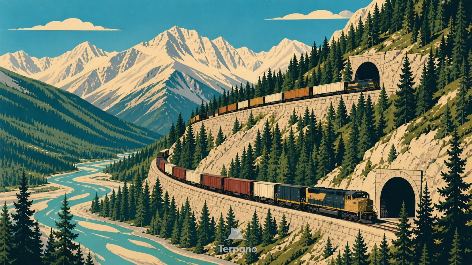Güterzug in einer Rocky-Mountain-Spirale — Originalillustration von Kicking-Horse-Pass, Kanada