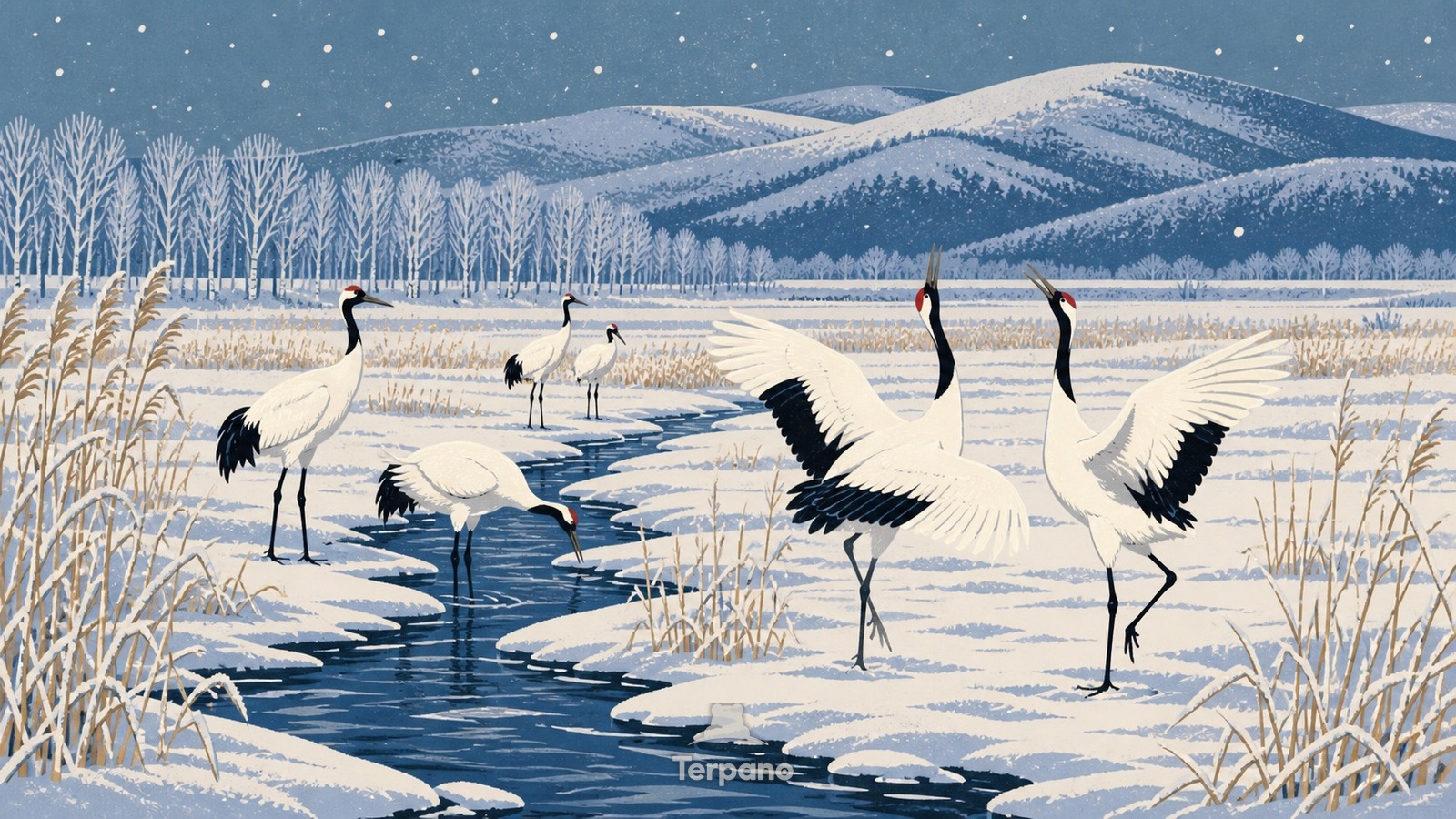 Gru in una palude innevata — illustrazione originale di Palude di Kushiro, Hokkaidō, Giappone