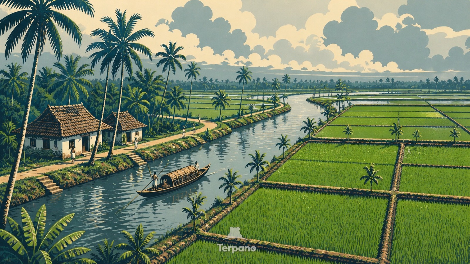 Risaie sotto il livello dei canali — illustrazione originale di Kuttanad, Kerala, India