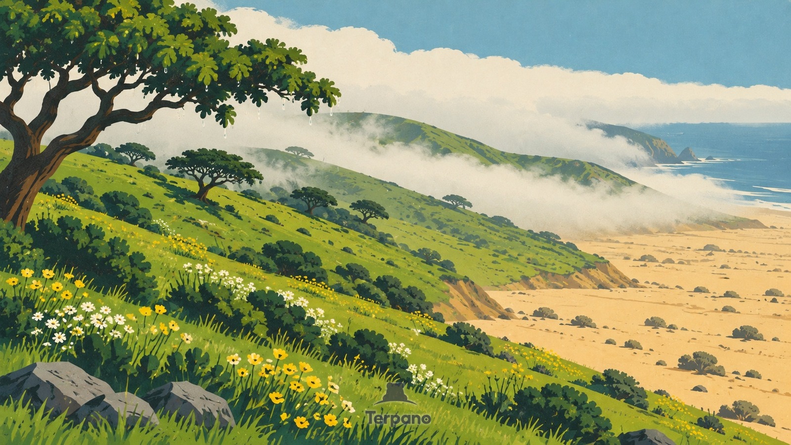Green Fog Oasis above a Coastal Desert — original illustration of Lomas de Lachay, Huaura, Peru