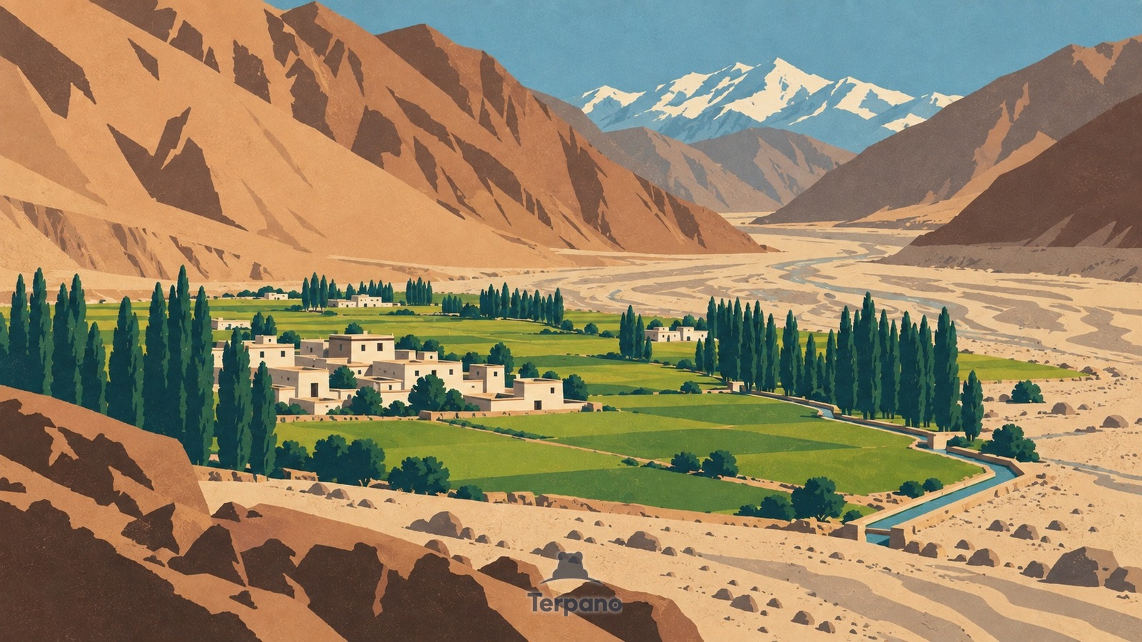 Un oasis verde de cebada en un desierto alto y frío — ilustración original de Valle del Indo, Ladakh, India