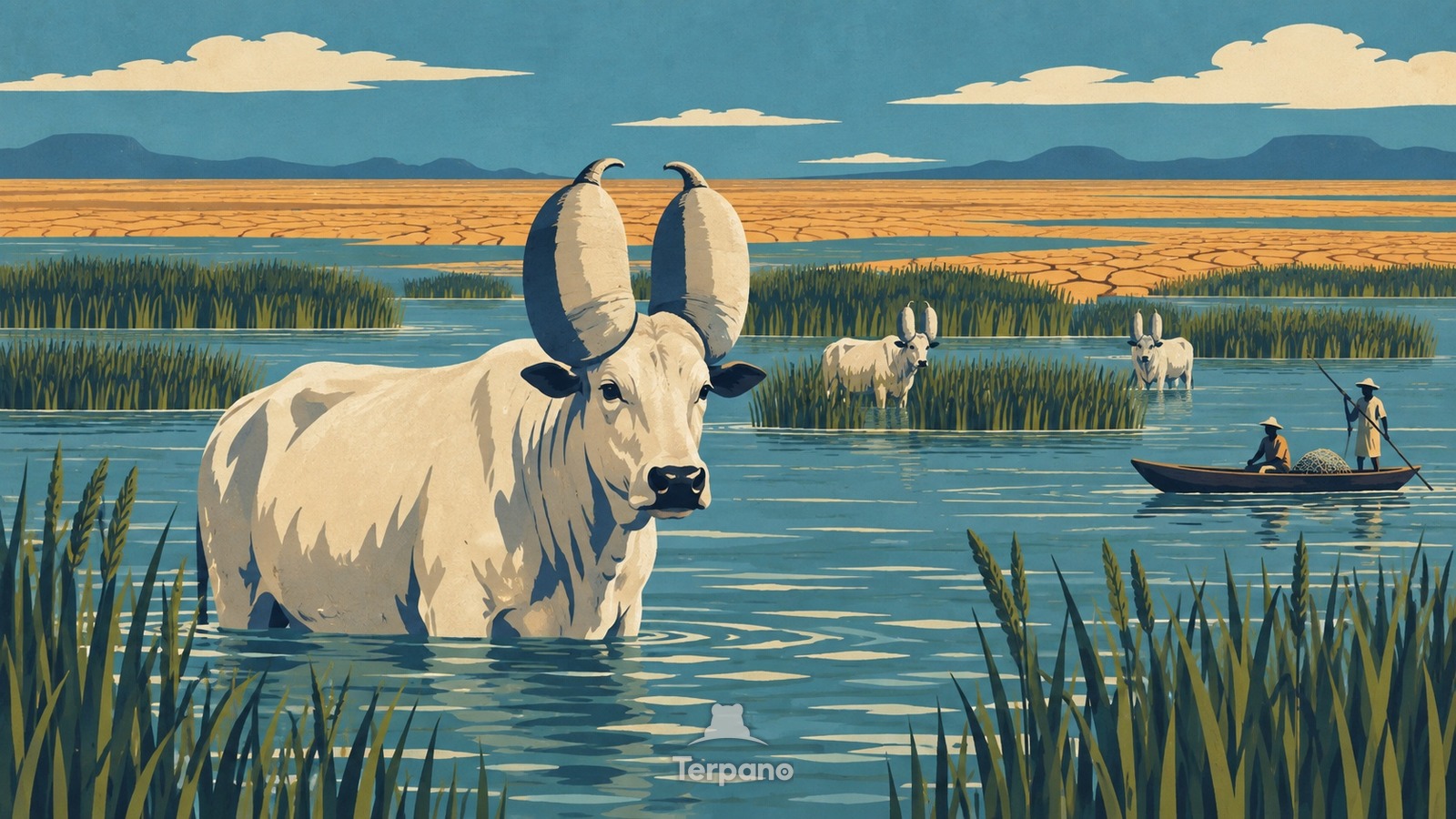 Kuri Cattle among Lake Chad's Reed Islands — original illustration of Southern Lake Chad