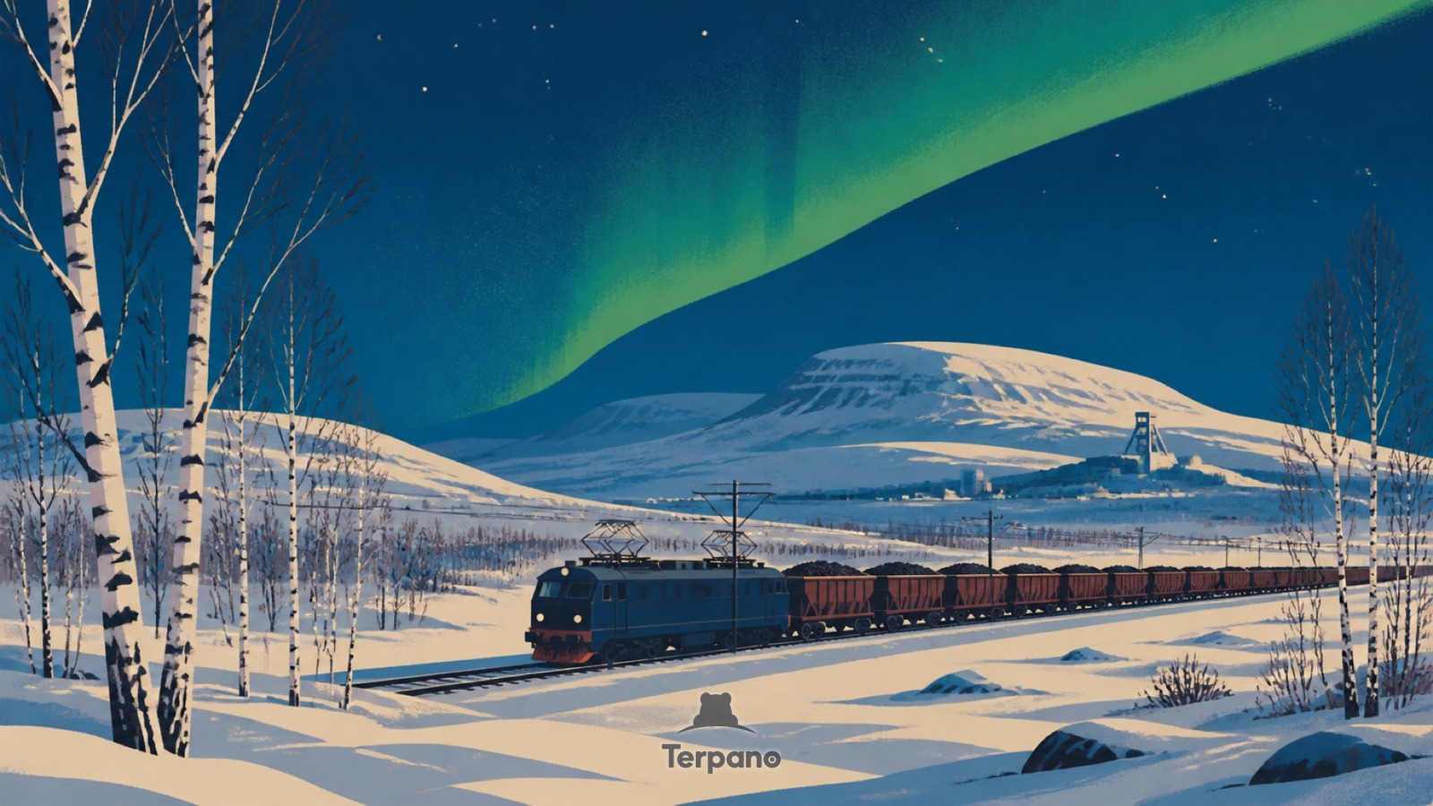 Treno di minerale sotto l'aurora boreale — illustrazione originale di Regione di Kiruna, Lapponia svedese