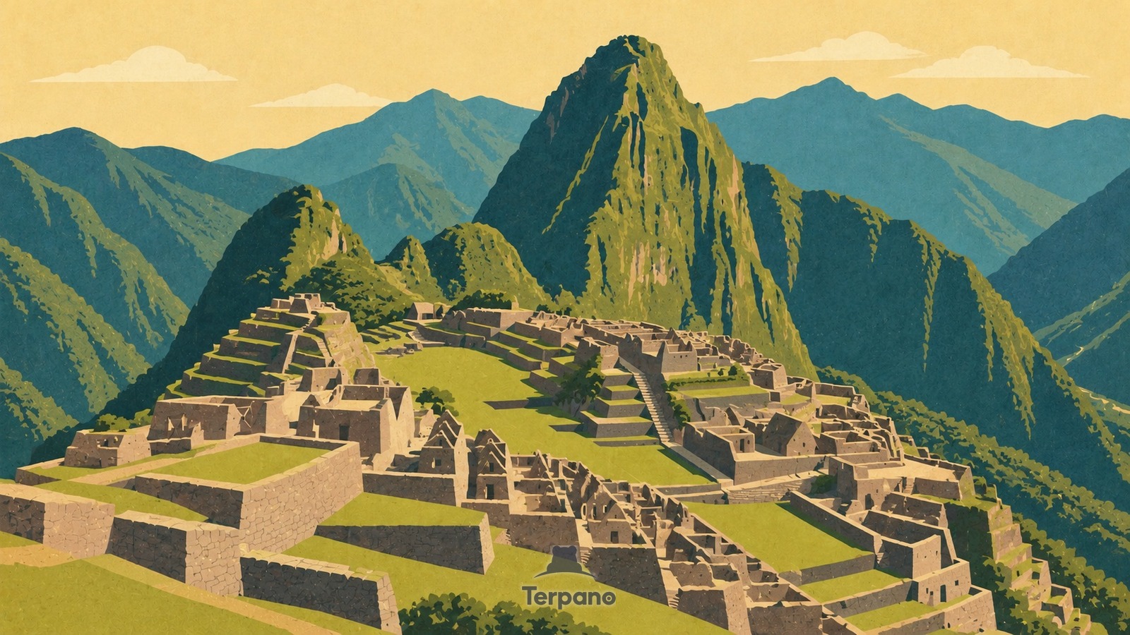Inka-Terrassen auf einem Nebelwaldgrat — Originalillustration von Machu Picchu, Region Cusco, Peru