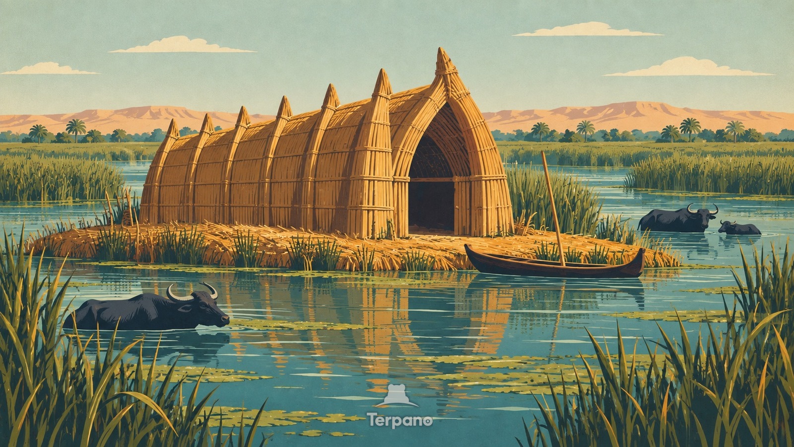 Arcos de caña en una marisma desértica — ilustración original de Marismas de Chibayish, Dhi Qar, Irak