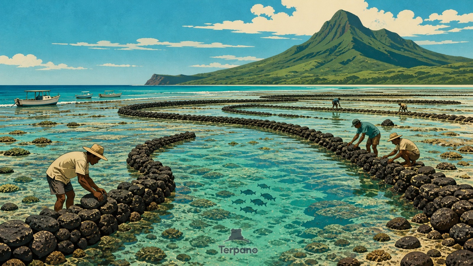 Pièges de pierre courbes à marée basse — illustration originale de Île Mer, détroit de Torrès, Australie
