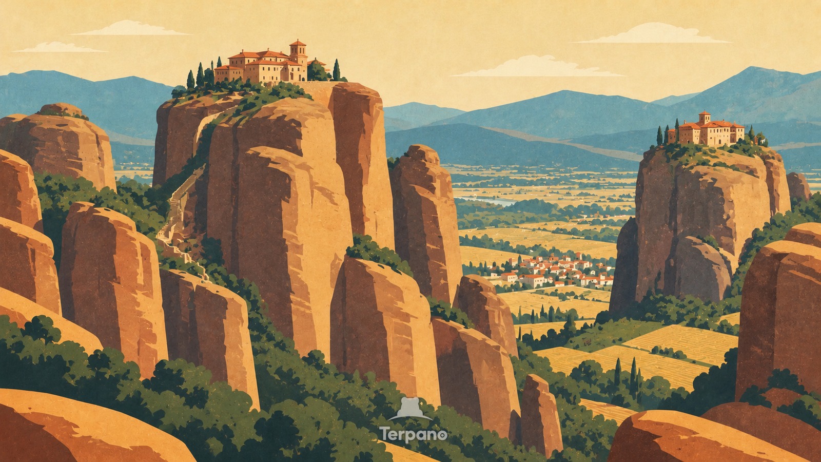 Les monastères des Météores sur leurs piliers de pierre — illustration originale de Météores, Thessalie, Grèce