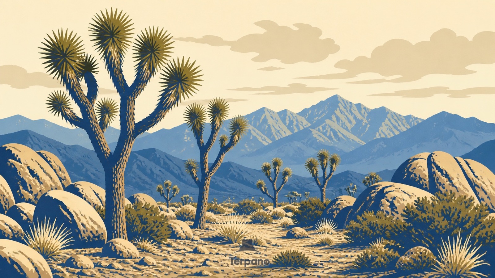Bosco di alberi di Giosuè — illustrazione originale di Riserva nazionale del Mojave, California, Stati Uniti