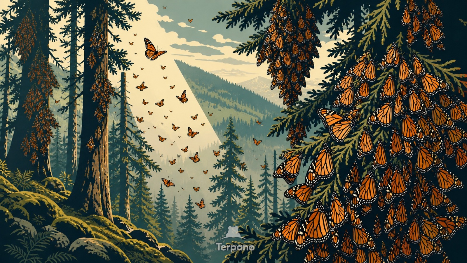 Monarchfalter im Oyamel-Wald — Originalillustration von Hochland von Michoacán, Mexiko