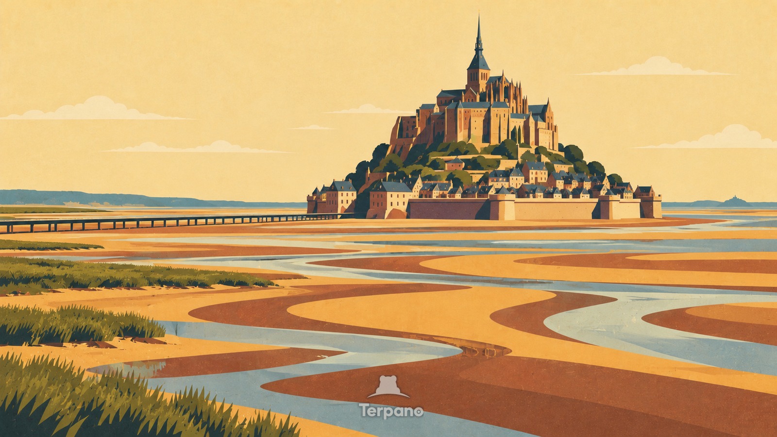 Der Mont-Saint-Michel jenseits des Watts — Originalillustration von Bucht des Mont-Saint-Michel, Normandie, Frankreich