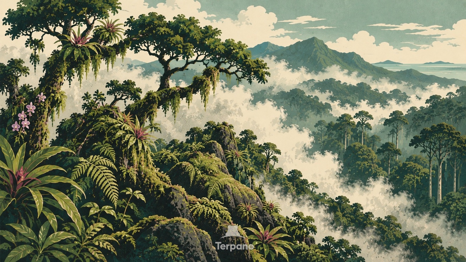 Windgeformter Wald in den Wolken — Originalillustration von Nebelwald von Monteverde, Costa Rica