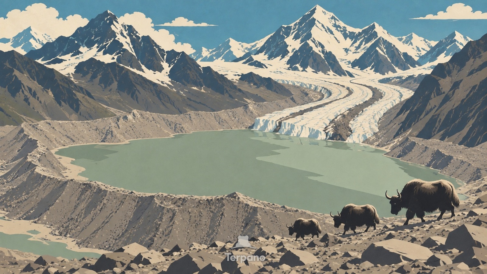 Ein neuer See hinter einem Schuttwall — Originalillustration von Imja Tsho, Nepal-Himalaya