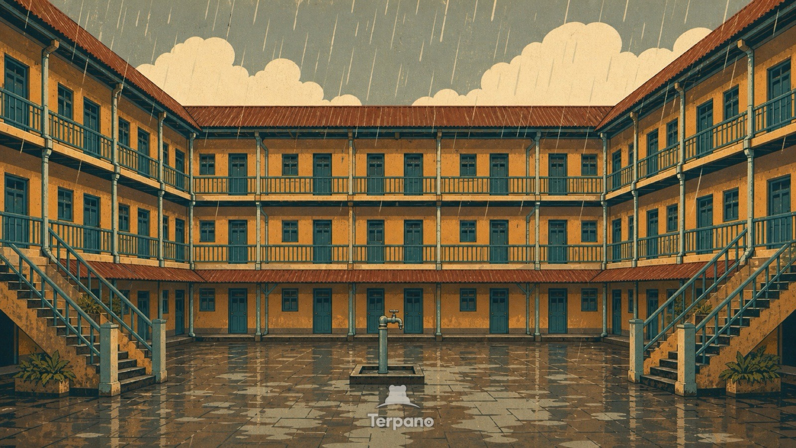 Cortile di chawl monsonico — illustrazione originale di Area metropolitana di Mumbai, India