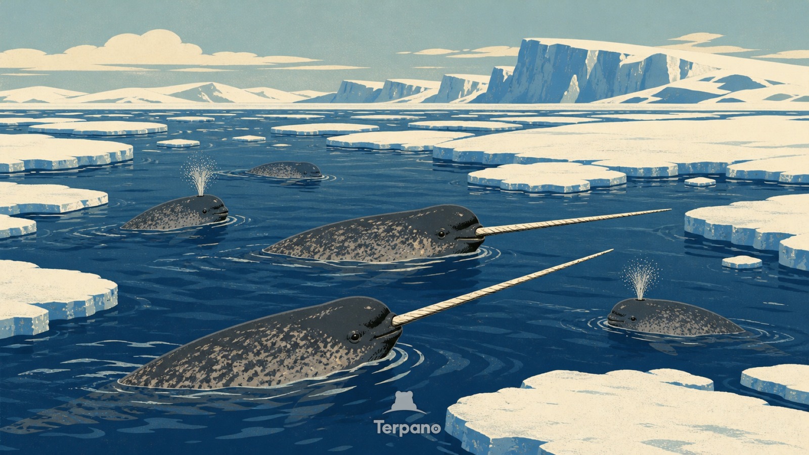 Narvali al margine del ghiaccio marino — illustrazione originale di Baia di Baffin, Artico canadese