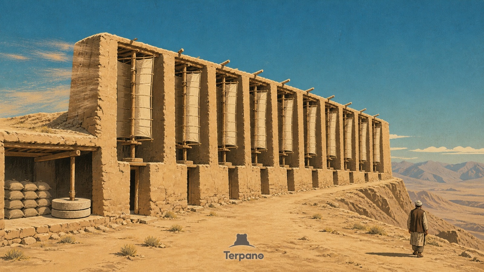 Wüstenwindmühlen mit senkrechter Achse — Originalillustration von Nashtifan, Razavi-Chorasan, Iran