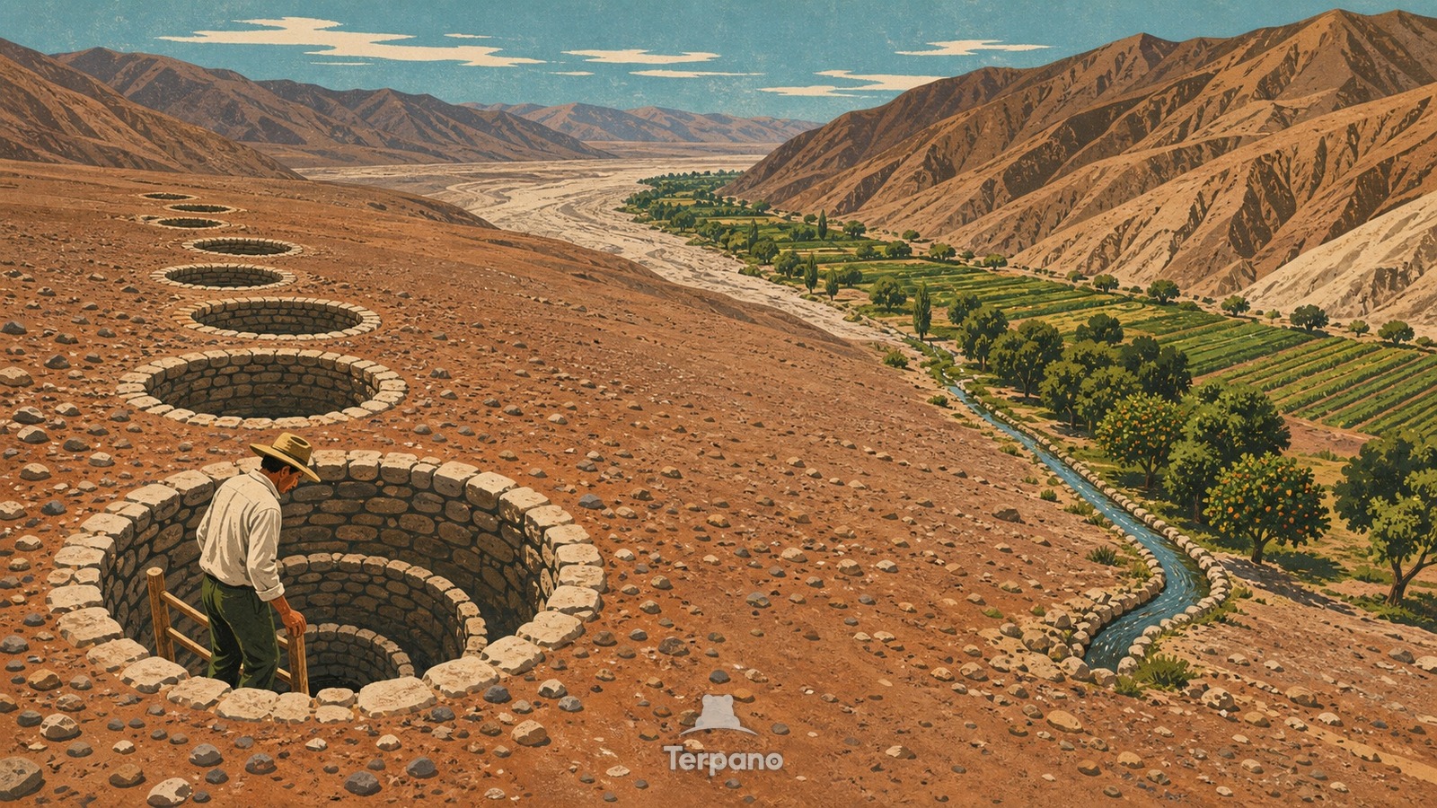 Spiralförmige Wüstenaquädukte — Originalillustration von Cantalloc, Nazca-Tal, Peru