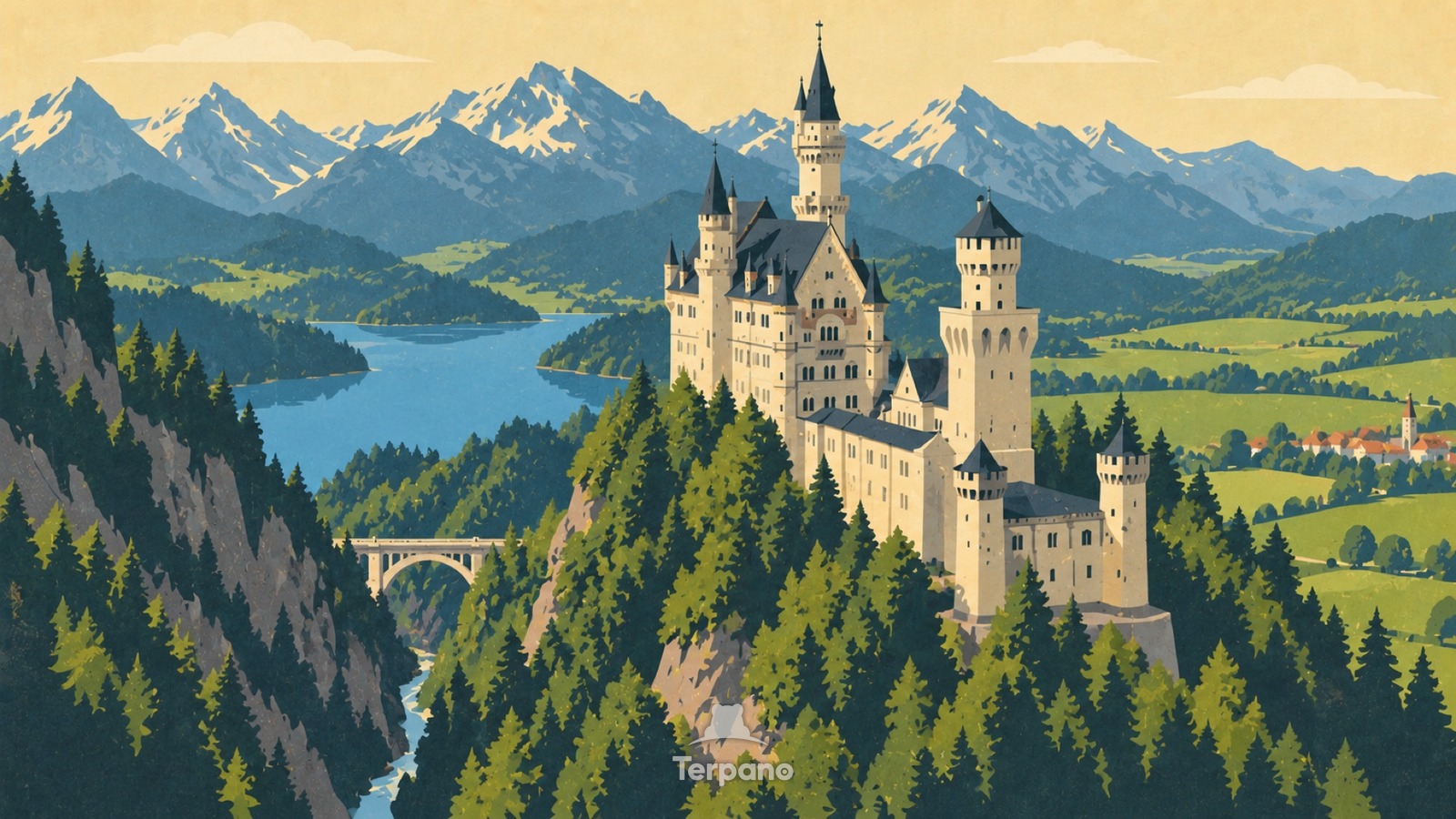 Neuschwanstein über Bayerns Seen — Originalillustration von Schloss Neuschwanstein, Bayern, Deutschland