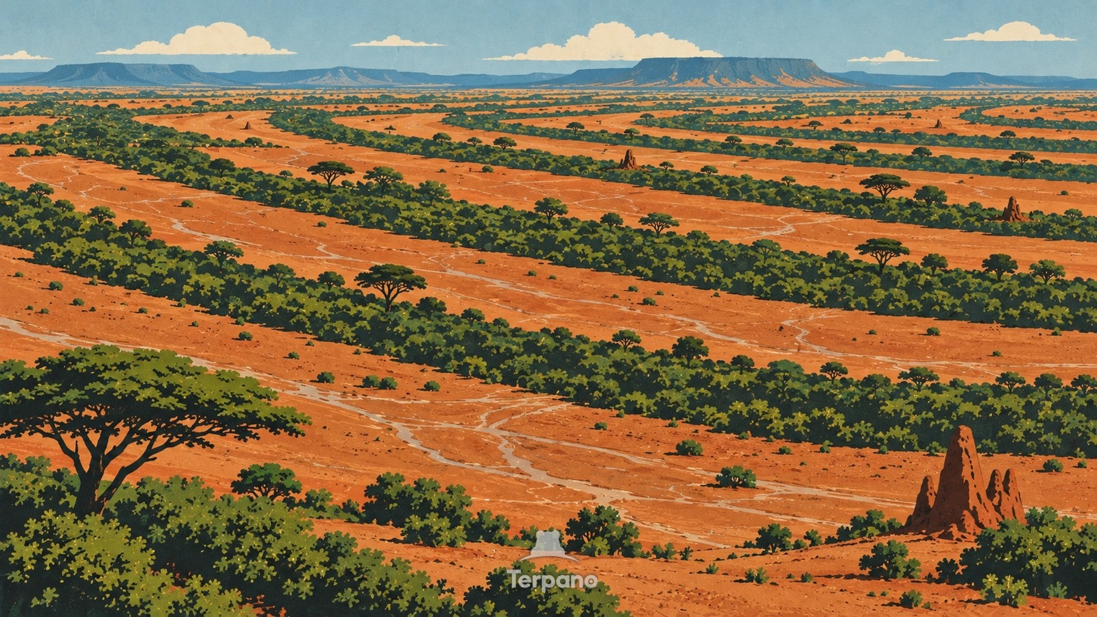 Gestreifter Trockenwald auf einer Sahelhochfläche — Originalillustration von Kouré-Plateau, Tillabéri, Niger