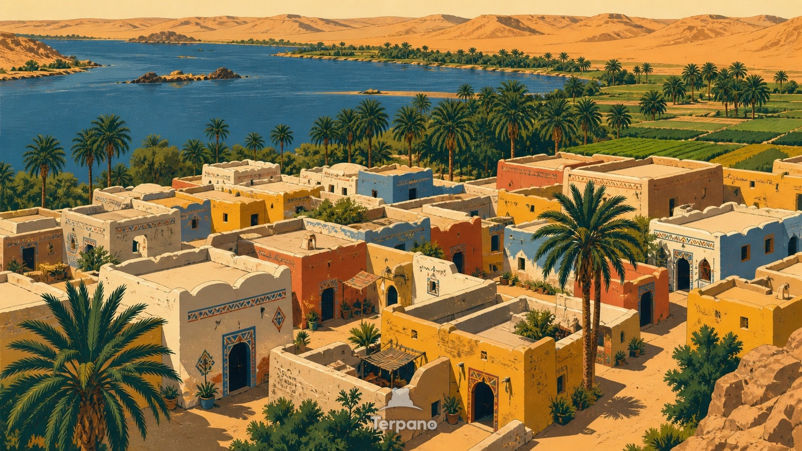 Nubian Courtyard Village — original illustration of Nubian Villages, Aswan, Egypt