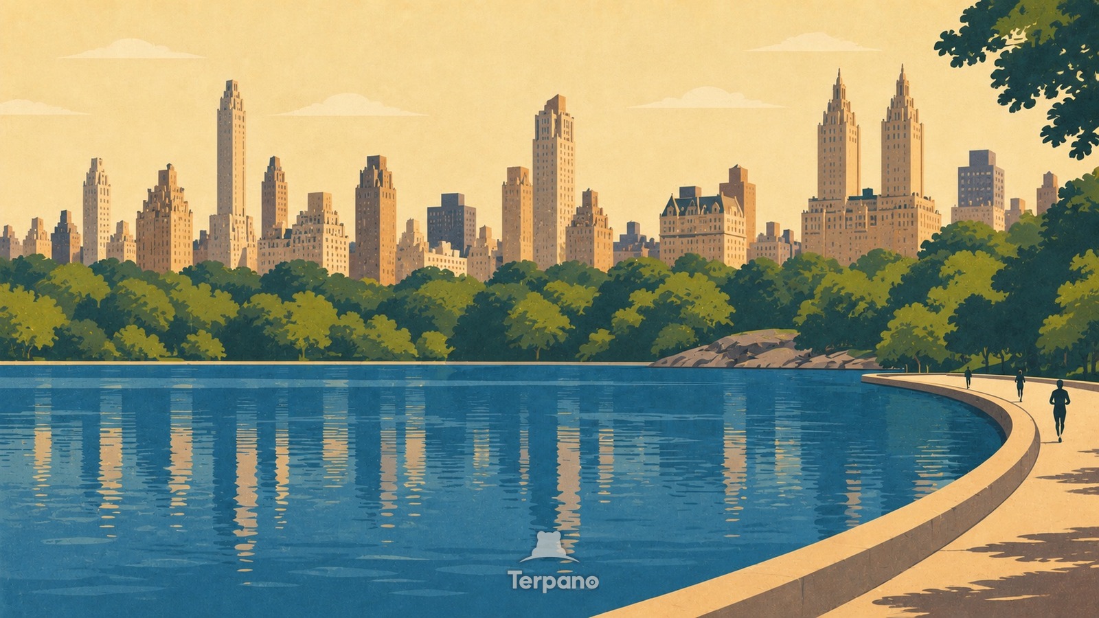 Le réservoir de Central Park sous les gratte-ciel de Manhattan — illustration originale de Central Park, New York, États-Unis