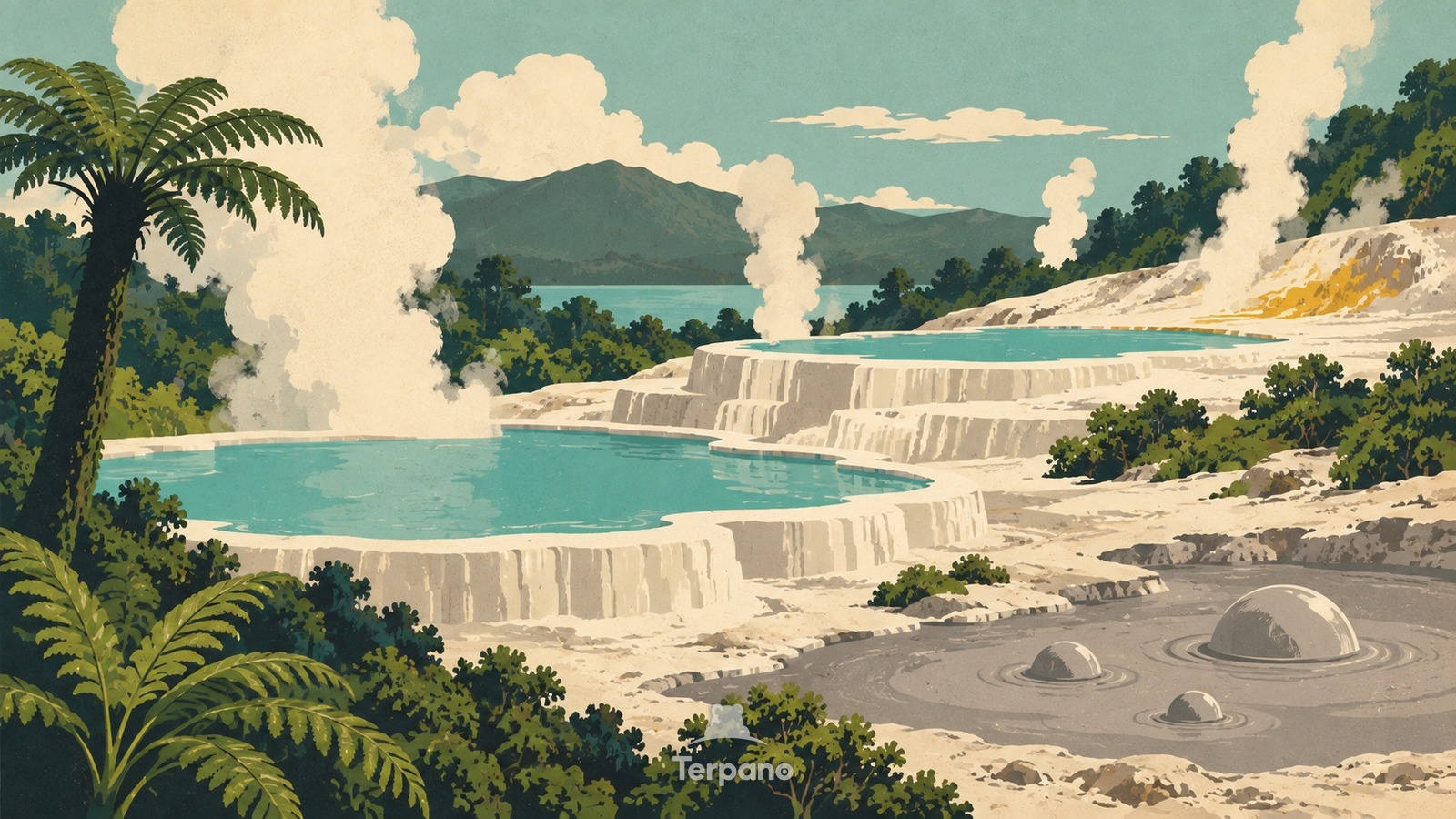 Escalones de sílice en un paisaje humeante de helechos — ilustración original de Región geotérmica de Rotorua, Nueva Zelanda
