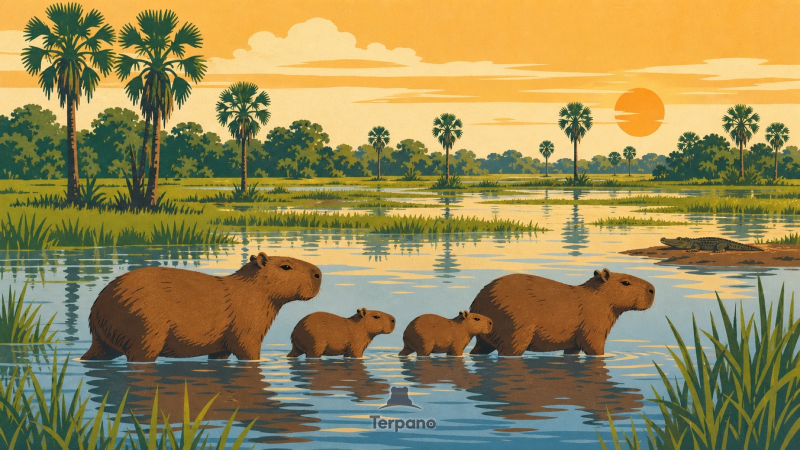 Capibara nella prateria allagata — illustrazione originale di Pantanal settentrionale, Brasile