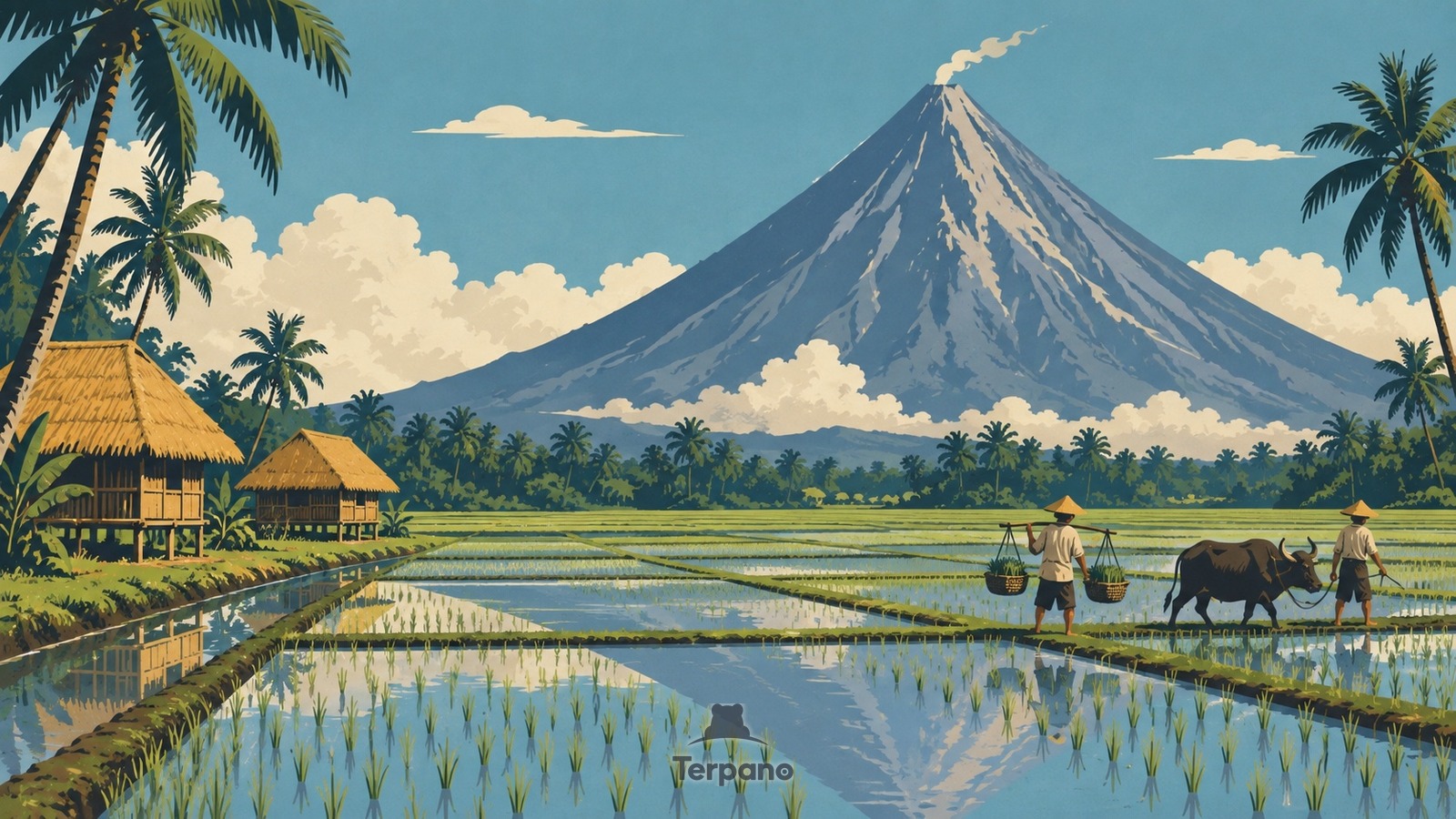 A Perfect Cone above Coconut Groves and Rice — original illustration of Mayon Region, Luzon, Philippines
