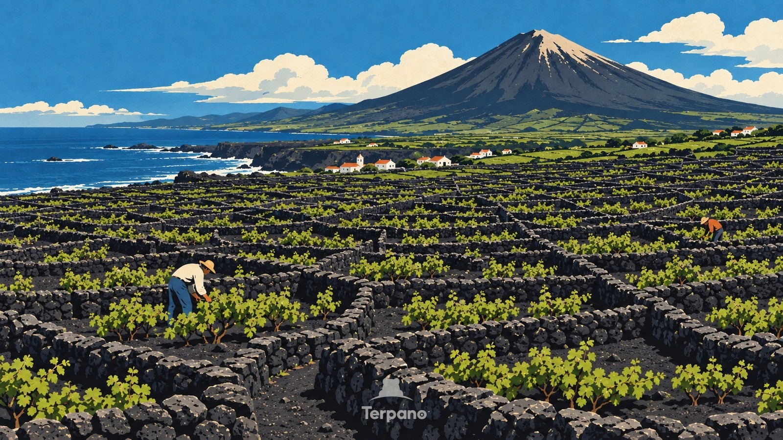 Weingartenraster aus schwarzer Lava — Originalillustration von Criação Velha, Insel Pico, Azoren, Portugal