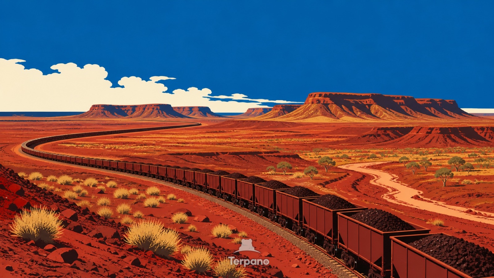 Iron-Ore Train across Red Country — original illustration of Pilbara Region, Australia
