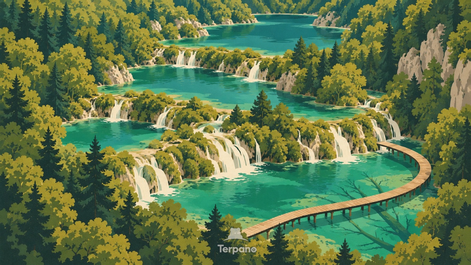 Tuffkaskaden zwischen Plitvices Waldseen — Originalillustration von Nationalpark Plitvicer Seen, Kroatien
