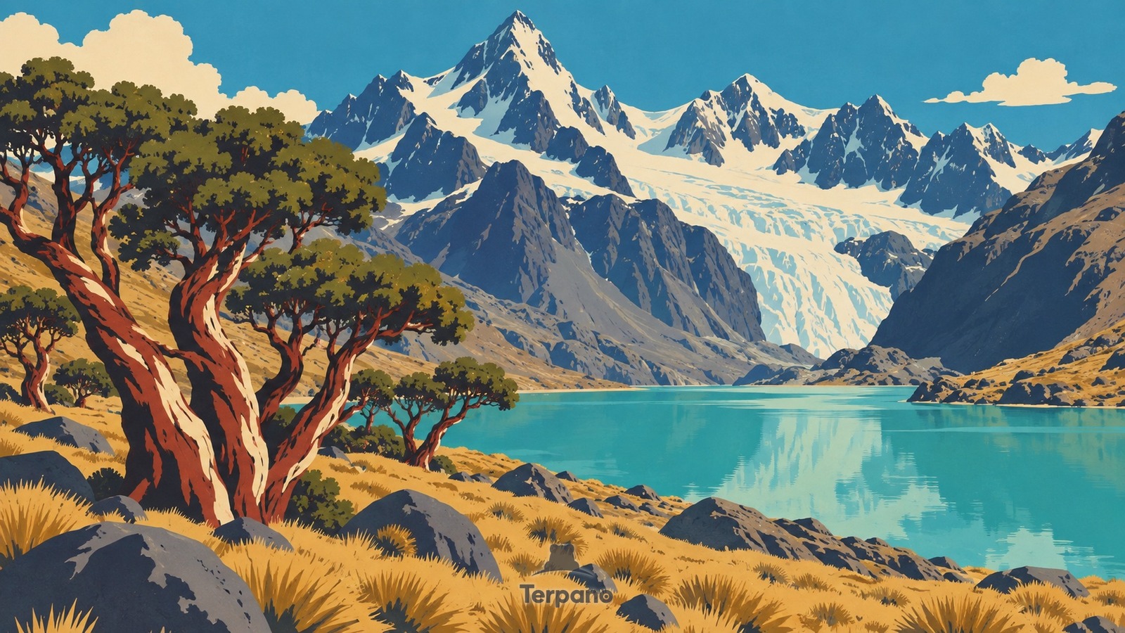 Alberi dalla corteccia rossa sopra un lago glaciale tropicale — illustrazione originale di Cordillera Blanca, Perù