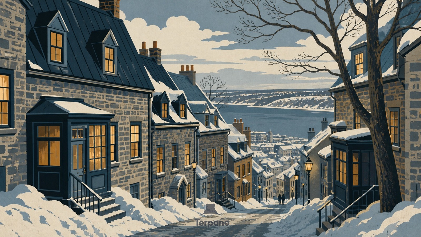 Verschneite Gasse hinter Steinmauern — Originalillustration von Québec, Québec, Kanada
