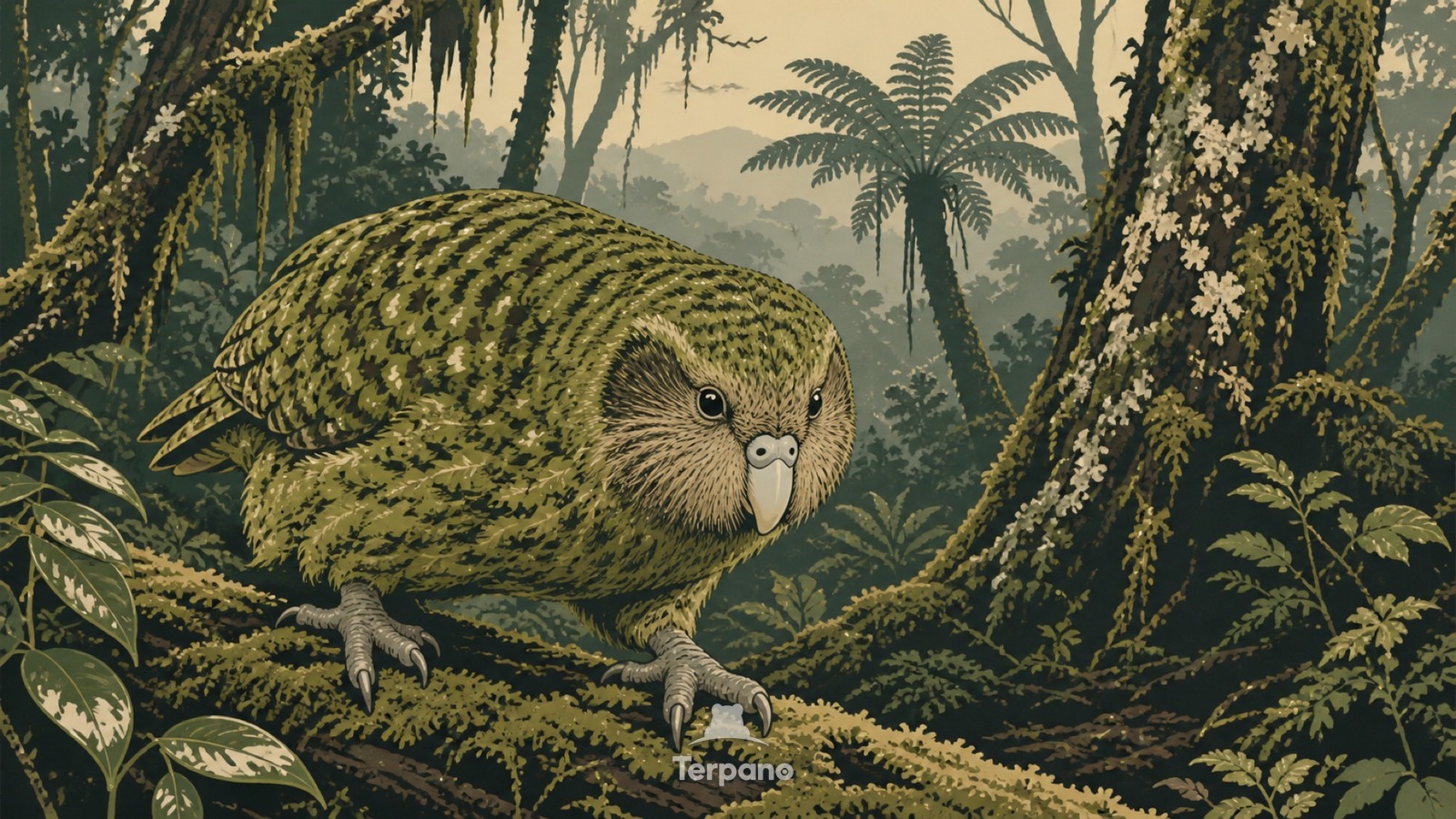 Kakapo in a Mossy Island Forest — original illustration of Rakiura, New Zealand
