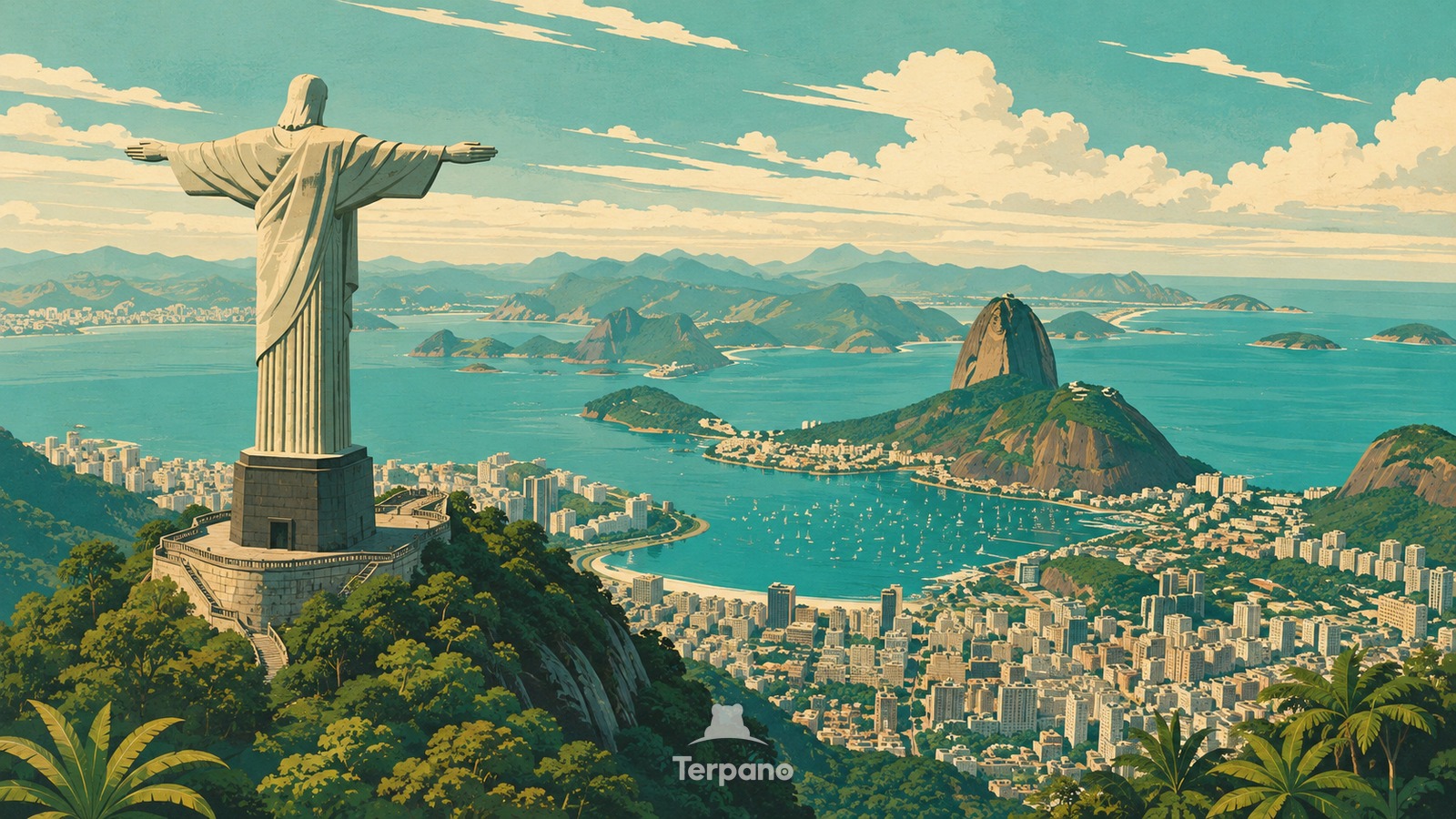 Christ the Redeemer above Rio Bay — original illustration of Corcovado, Rio de Janeiro, Brazil