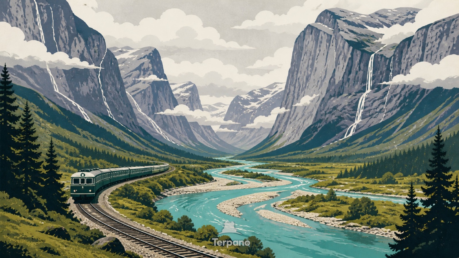 Green Train beside a Nordic River — original illustration of Romsdalen Valley, Norway
