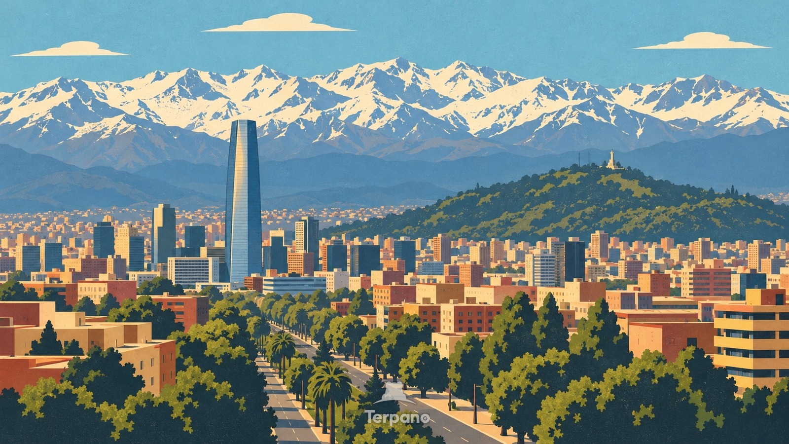 Les gratte-ciel de Santiago au pied des Andes — illustration originale de Centre métropolitain de Santiago, Chili