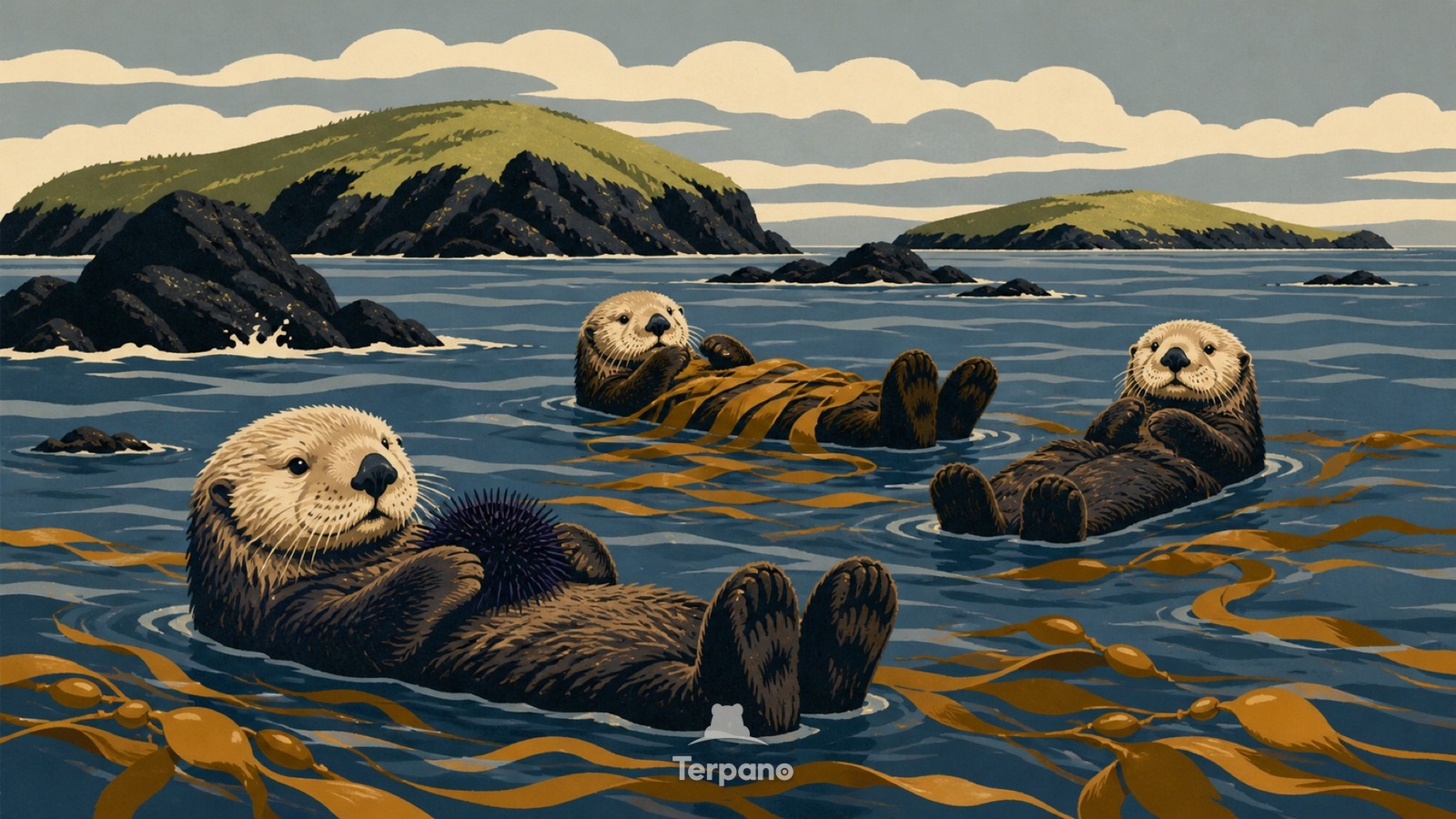 Nutrias marinas en un bosque de kelp — ilustración original de Costa Aleutiana, Alaska, EE. UU.