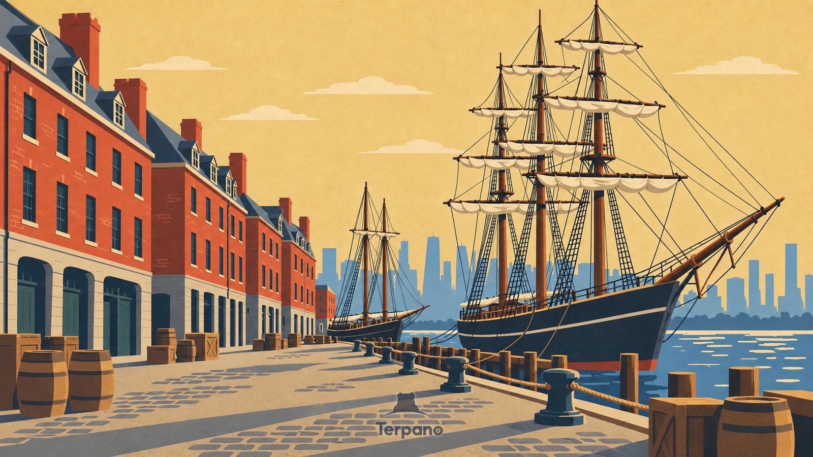 Alti velieri accanto a vecchi magazzini in mattoni — illustrazione originale di Seaport di Lower Manhattan, New York, Stati Uniti