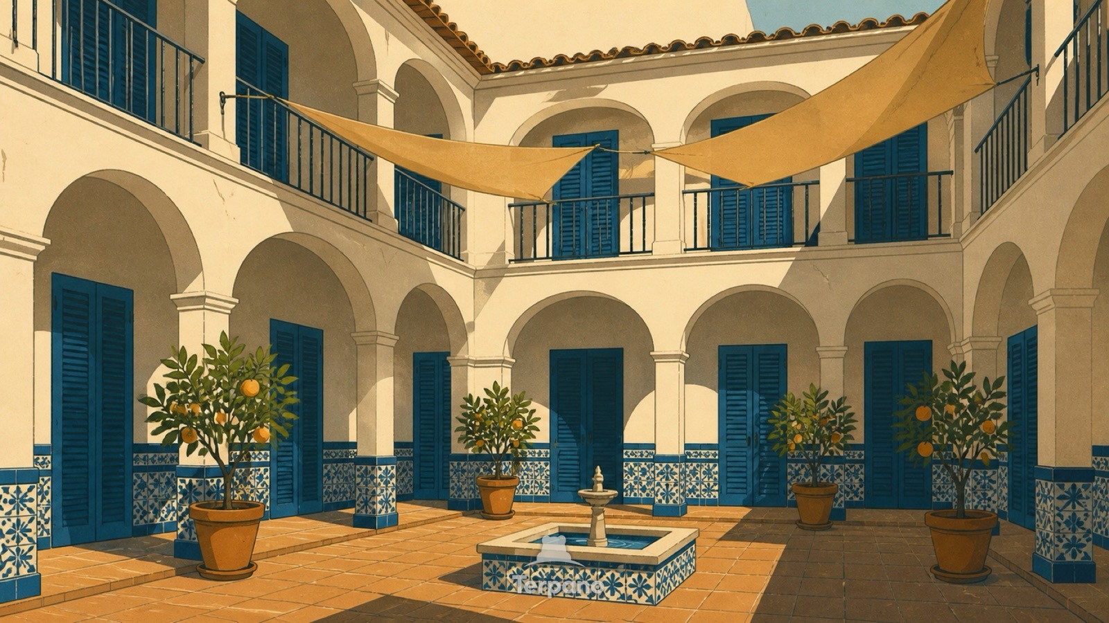 Maison à patio ombragé — illustration originale de Basses terres du Guadalquivir, Espagne