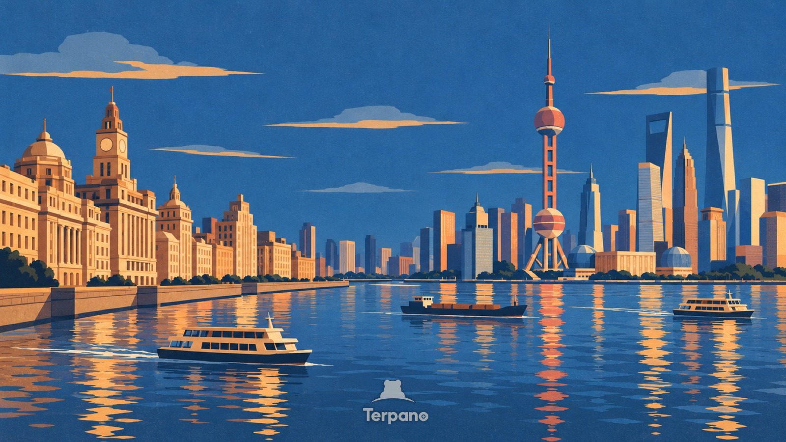 Le vieux Bund face à la nouvelle skyline de Pudong — illustration originale de Le Bund, Shanghai, Chine