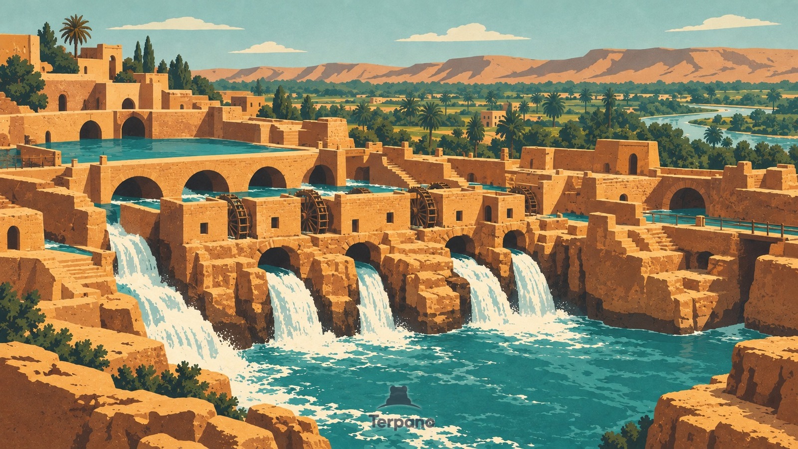 Cascate di mulini sotto un canale fluviale — illustrazione originale di Sistema idraulico storico di Shushtar, Iran