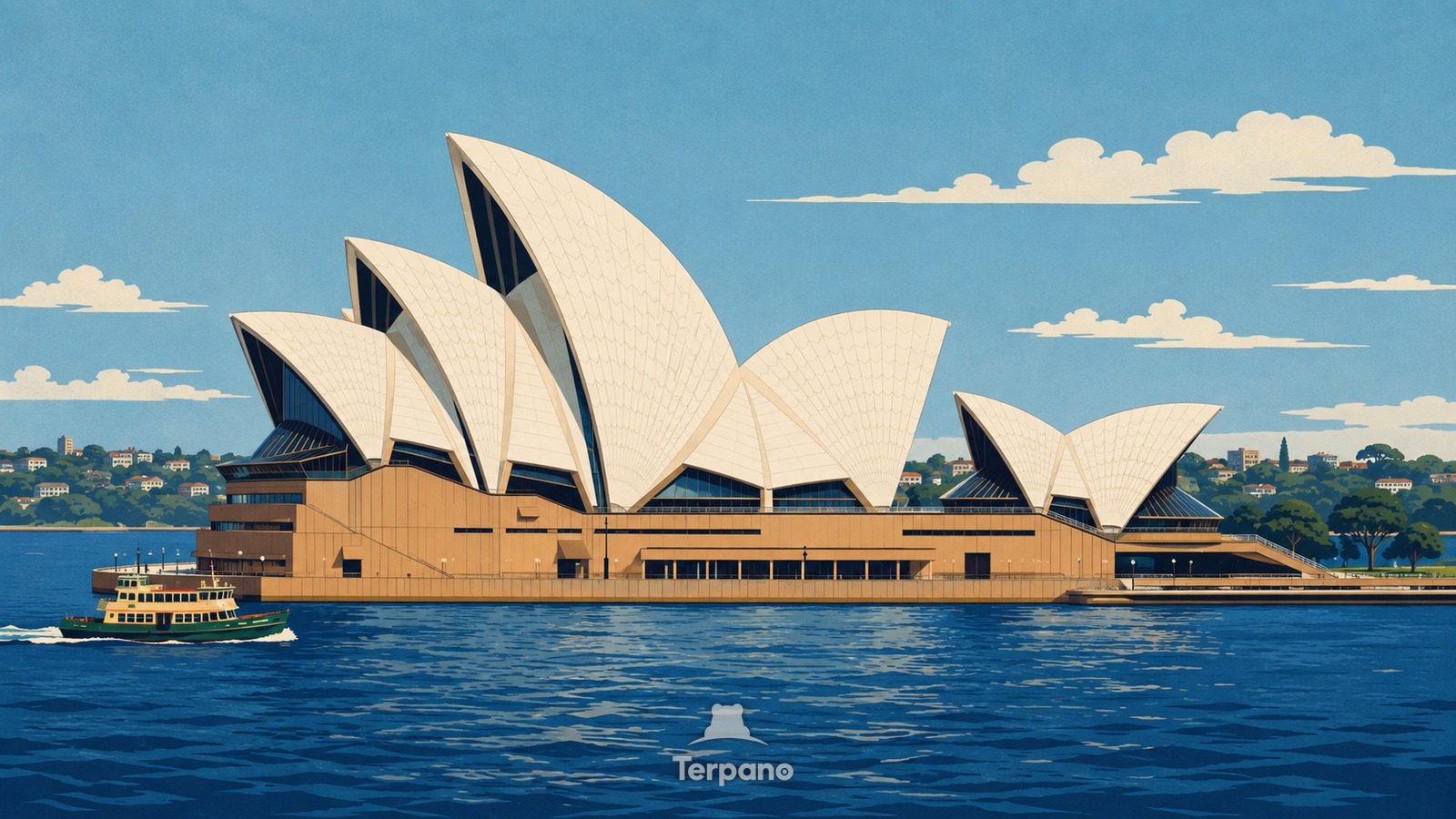 Opera House Sails on a Harbor Point — original illustration of Sydney Opera House, Australia