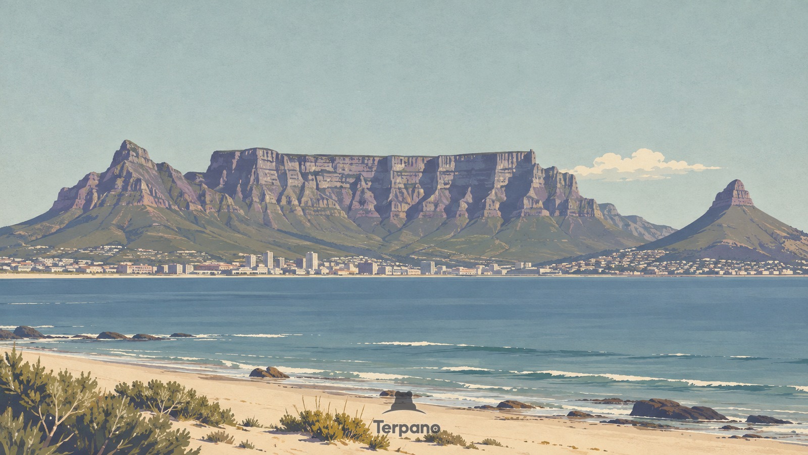 Table Mountain beyond a Coastal City — original illustration of Table Mountain, Cape Town, South Africa